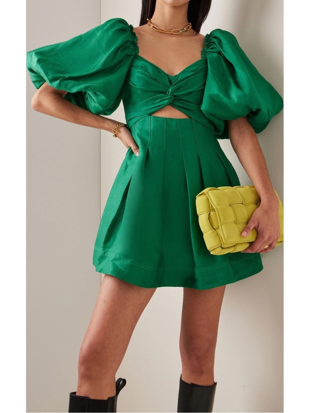 Aje Green Puff-Sleeve Mini Dress with Front Twist size 12/ size 8 US